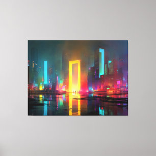 Futuristic City with Radiant Neon Portal Canvas Print