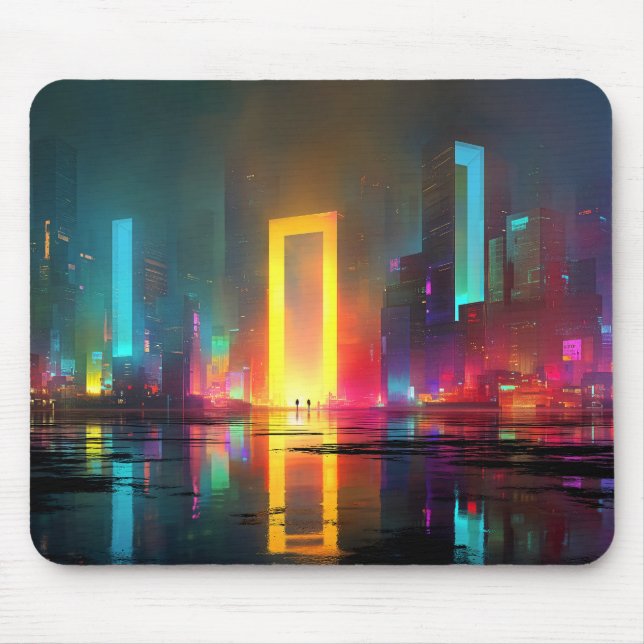 Futuristic City with Radiant Neon Portal Mouse Pad (Front)
