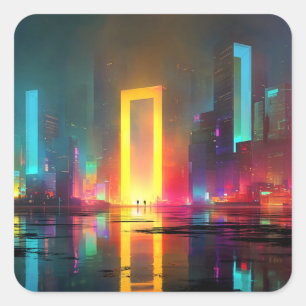 Futuristic City with Radiant Neon Portal Square Sticker