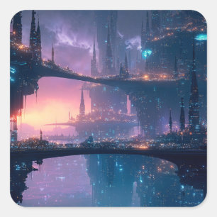 Futuristic Cityscape at Dusk Square Sticker