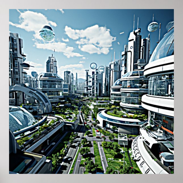 Futuristic Cityscape in Spring Poster (Front)