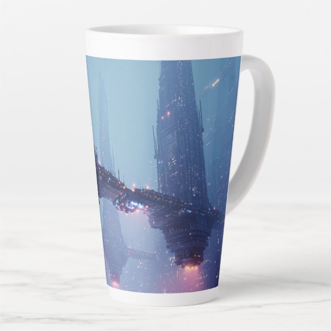 Futuristic Cityscape with Hovering Structures Latte Mug (Right Angle)