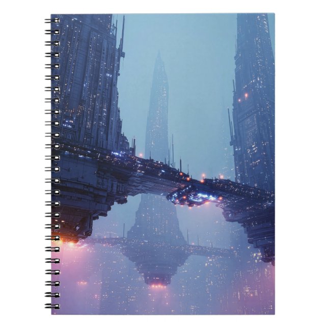 Futuristic Cityscape with Hovering Structures Notebook (Front)