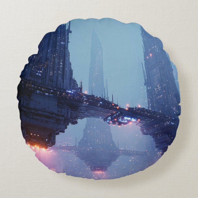 Futuristic Cityscape with Hovering Structures Round Pillow (Front)