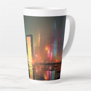 Futuristic Cityscape with Neon Reflections Latte Mug