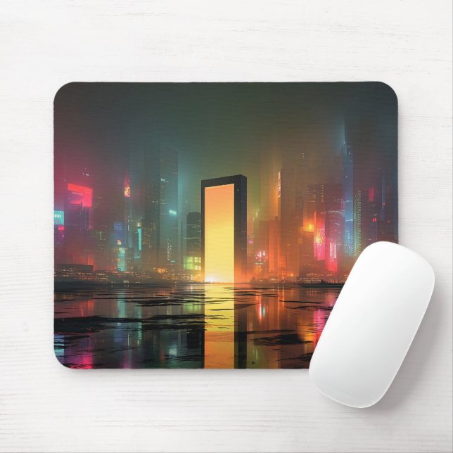 Futuristic Cityscape with Neon Reflections Mouse Pad (With Mouse)