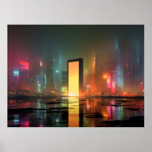 Futuristic Cityscape with Neon Reflections Poster