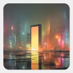 Futuristic Cityscape with Neon Reflections Square Sticker