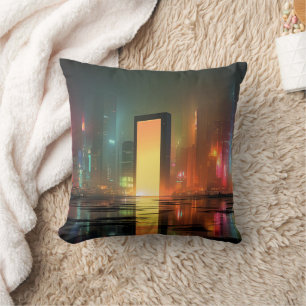 Futuristic Cityscape with Neon Reflections Throw Pillow
