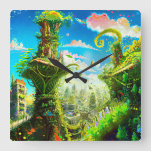 Futuristic Colorful Plant City, AI Generated Art Square Wall Clock