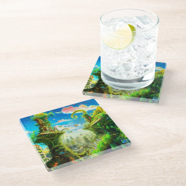 Futuristic Colourful Plant City, AI Generated Art Glass Coaster (Angled)