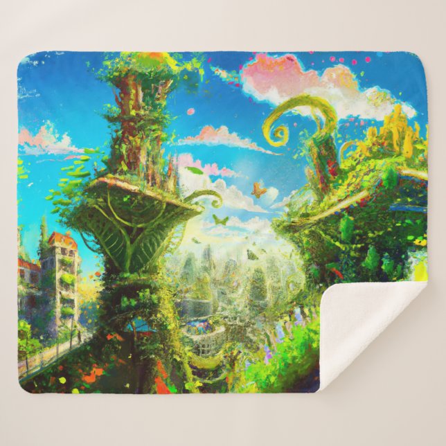 Futuristic Colourful Plant City, AI Generated Art Sherpa Blanket (Front (Horizontal))