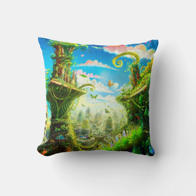 Futuristic Colourful Plant City, AI Generated Art Throw Pillow (Front)