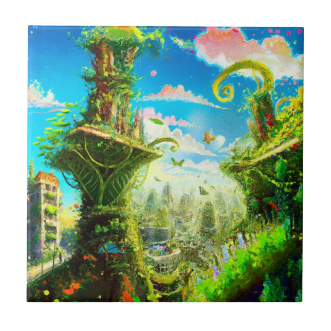 Futuristic Colourful Plant City, AI Generated Art Tile (Front)