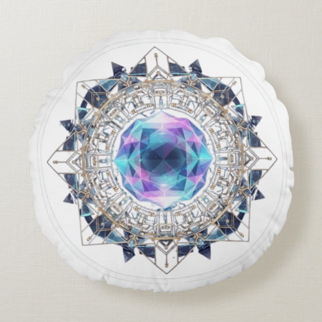 Futuristic Crystal Mandala – Geometric Tech Art Round Pillow (Front)