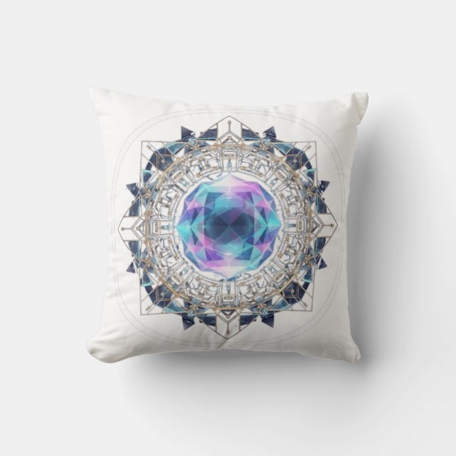 Futuristic Crystal Mandala – Geometric Tech Art Throw Pillow (Front)