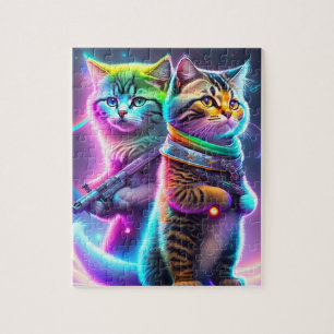 Futuristic Cute Cats With Lasers Guns, Neon Cats Jigsaw Puzzle