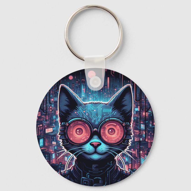 Futuristic Cyber Cat Keychain (Front)