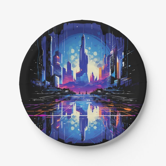 Futuristic Cyberpunk City Skyline Paper Plate (Front)