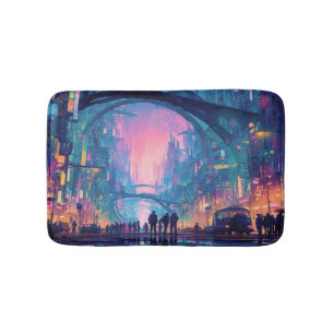 Futuristic Cyberpunk Cityscape with Glowing Arches Bath Mat