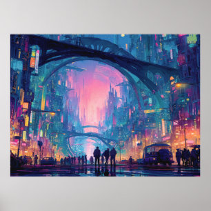 Futuristic Cyberpunk Cityscape with Glowing Arches Poster