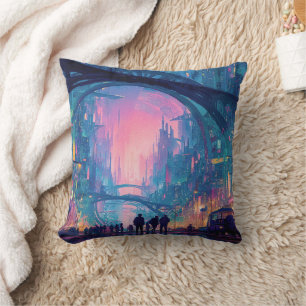 Futuristic Cyberpunk Cityscape with Glowing Arches Throw Pillow