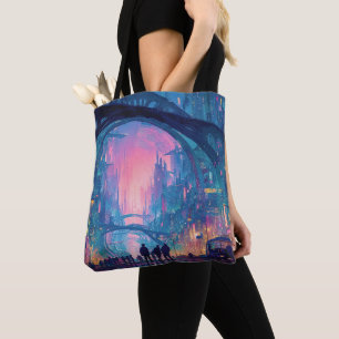 Futuristic Cyberpunk Cityscape with Glowing Arches Tote Bag