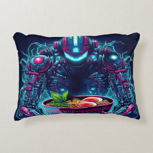 Futuristic Cyberpunk Robot Neon Food Ramen Accent Pillow