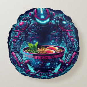 Futuristic Cyberpunk Robot Neon Food Ramen Round Pillow