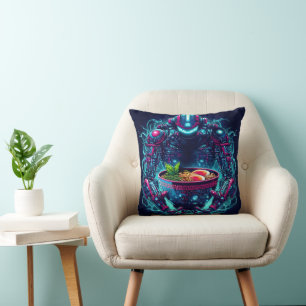 Futuristic Cyberpunk Robot Neon Food Ramen Throw Pillow