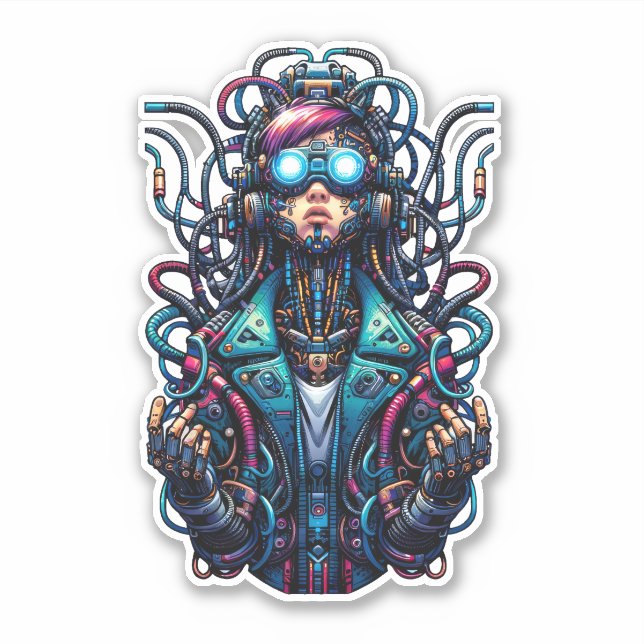 Futuristic Cyberpunk Techno Girl Sticker (Front)