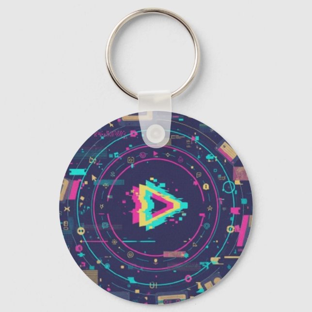 Futuristic Digital Play Button Abstract design  Keychain (Front)