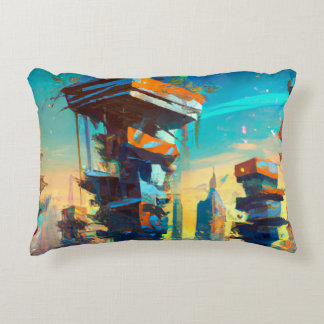 Futuristic Dystopian City, AI Generated Painting Accent Pillow