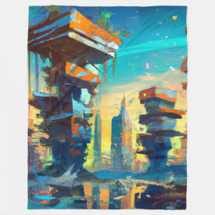 Futuristic Dystopian City, AI Generated Painting Fleece Blanket