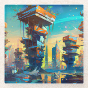 Futuristic Dystopian City, AI Generated Painting Glass Coaster