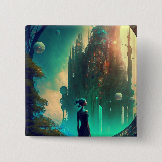 Futuristic Fantasy Castle Landscape 2 Inch Square Button (Front)