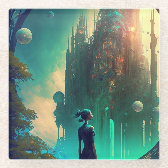 Futuristic Fantasy Castle Landscape Glass Coaster (Front)