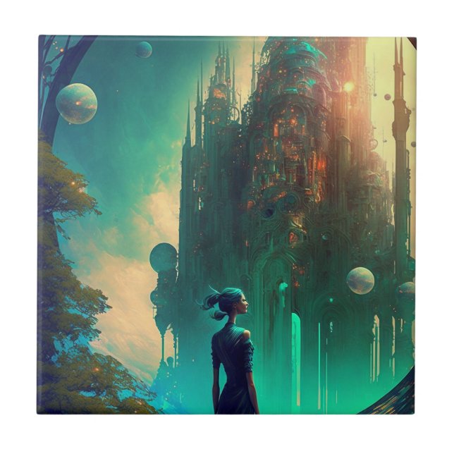 Futuristic Fantasy Castle Landscape Tile (Front)