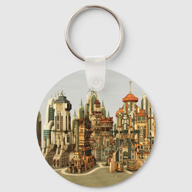 Futuristic Fantasy City Sci Fi Skyline Art Keychain (Front)