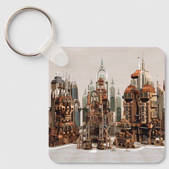 Futuristic Fantasy City Sci Fi Skyline Art Keychain (Front)