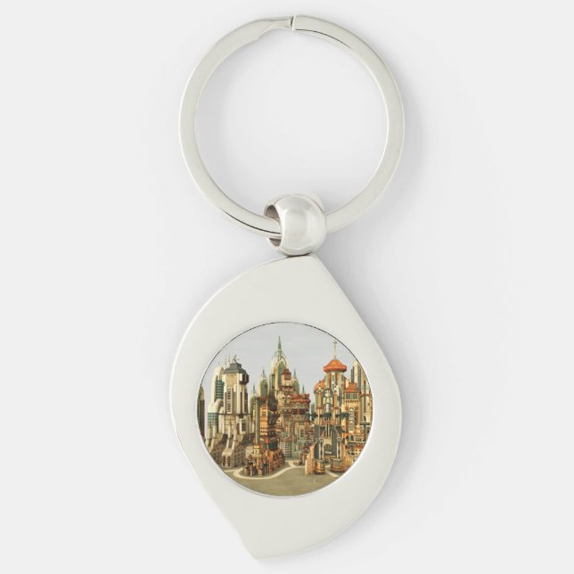 Futuristic Fantasy City Sci Fi Skyline Art Keychain (Front)