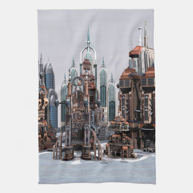Futuristic Fantasy City Sci Fi Skyline Art Kitchen Towel (Vertical)