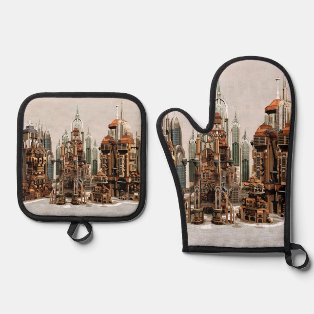 Futuristic Fantasy City Sci Fi Skyline Art Oven Mitt & Pot Holder Set (Front)
