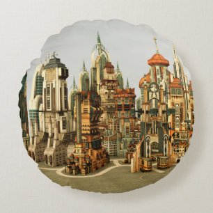 Futuristic Fantasy City Sci Fi Skyline Art Round Pillow