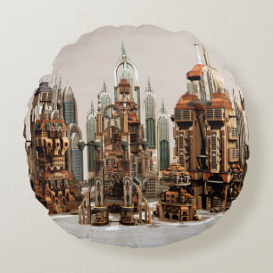 Futuristic Fantasy City Sci Fi Skyline Art Round Pillow