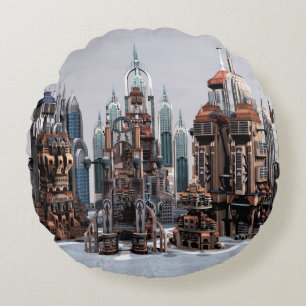 Futuristic Fantasy City Sci Fi Skyline Art Round Pillow