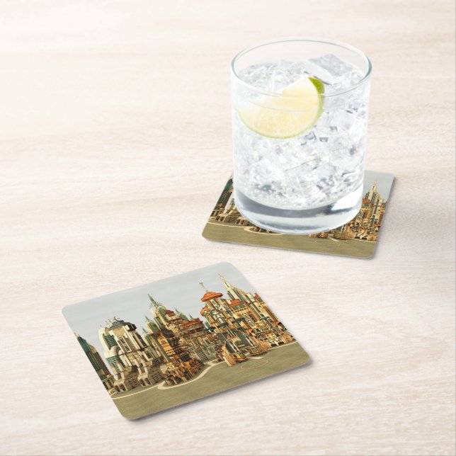 Futuristic Fantasy City Sci Fi Skyline Art Square Paper Coaster (Insitu)