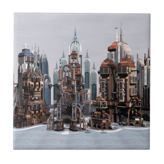 Futuristic Fantasy City Sci Fi Skyline Art Tile (Front)