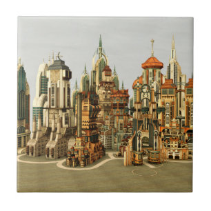 Futuristic Fantasy City Sci Fi Skyline Art Tile