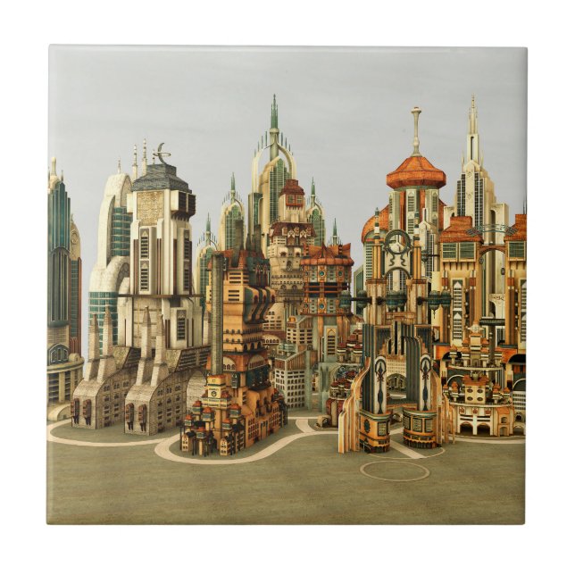 Futuristic Fantasy City Sci Fi Skyline Art Tile (Front)